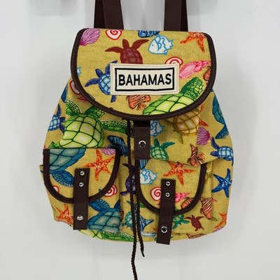 Bahamas Turtle Seashell Print Mini Backpack Yellow Brown Adjustable Straps