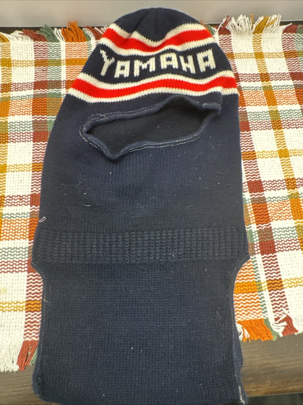 Vintage YAMAHA Balaclava Full Facemask Knit Hat Red White Blue Snowmobile