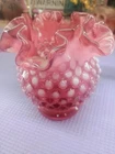 Vintage Opalescent Cranberry Red Fenton Hobnail Glass Crimped Bowl Vase
