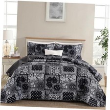 Boho Patchwork Quilt Set Size,Bedspread,Paisley Floral Queen Black Grey
