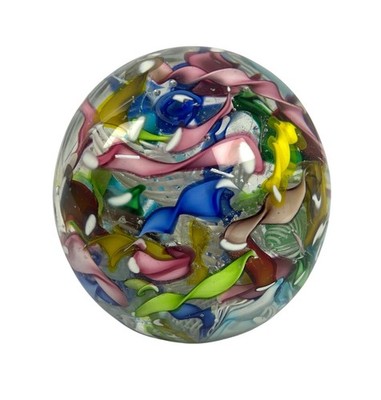 Vtg Murano Art Glass Latticino Ribbon Paperweight Vetreria La Fenice Italy Label