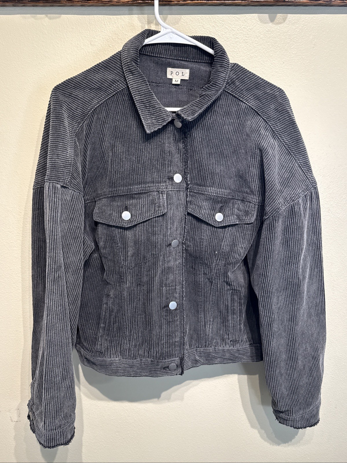 POL Distressed Corduroy Jacket Raw Hem Charcoal Size M