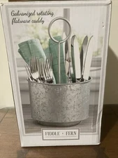 Fiddle + Fern Galvanized Rotating Flatware Caddy NEW