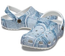 Crocs Classic Denim Print Clogs Women's Slip-On Comfort Shoes Size 6 Light Blue