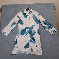 Casual Women's Long-sleeve Button-up Shirt Dress Blue Tropical Leaf Print Size S
