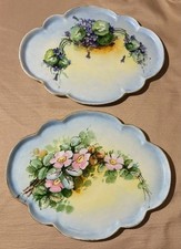 Coppia 2 Vassoi Porcellana Ovali Dipinti A Mano Limoges Francia Floreale 13x10 Firmati