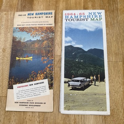 1963-65 NEW HAMPSHIRE Official State Highway Road Map Points of Interest 2 pc