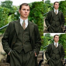 Vintage Tweed Men's Suits Green Vintage Herringbone Peak Lapel Jacket 1980s Coat