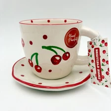 Sheffield Home Hand Painted Cherry Ceramic Coffee Mug and Saucer Set