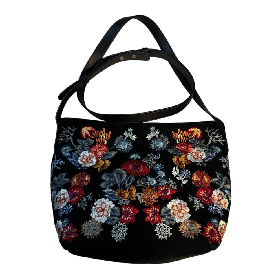 Lucky Brand Embroidered Suede Leather Shoulder Bag – Black Floral Boho Crossbody - Image 4 of 4