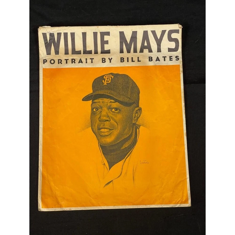 1960's Willie Mays Portrait by Bill Bates + Envelope 11 3/8" by 14 1/2" Baseball - Image 2 of 4