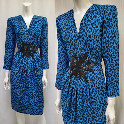 Vintage 1980s 100% Silk Blue Leopard Print Dress with Beading Size XS 
