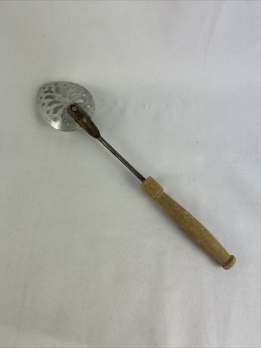 VINTAGE MINI SKIMMING SLOTTED SPOON Stainless Steel Wood Handle 8” - Picture 4 of 6
