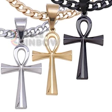 Men's Stainless Steel Egyptian Ankh Necklace Cross Pendant Cuban 18-36"Chain*P47