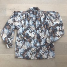 VTG Retro Alfred Dunner Dusty Blue Brown L/S Buttondown Casual Blouse Top Sz 10