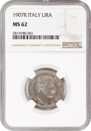 ITALY , SILVER 1 LIRA VITTORIO EMANUELE III  1907 R  ( ST21 ) NGC MS 62 , RARE