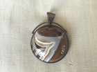 Brown,Grey+White Cabochon Agate Pendant Silver Tone Setting Modernist Style