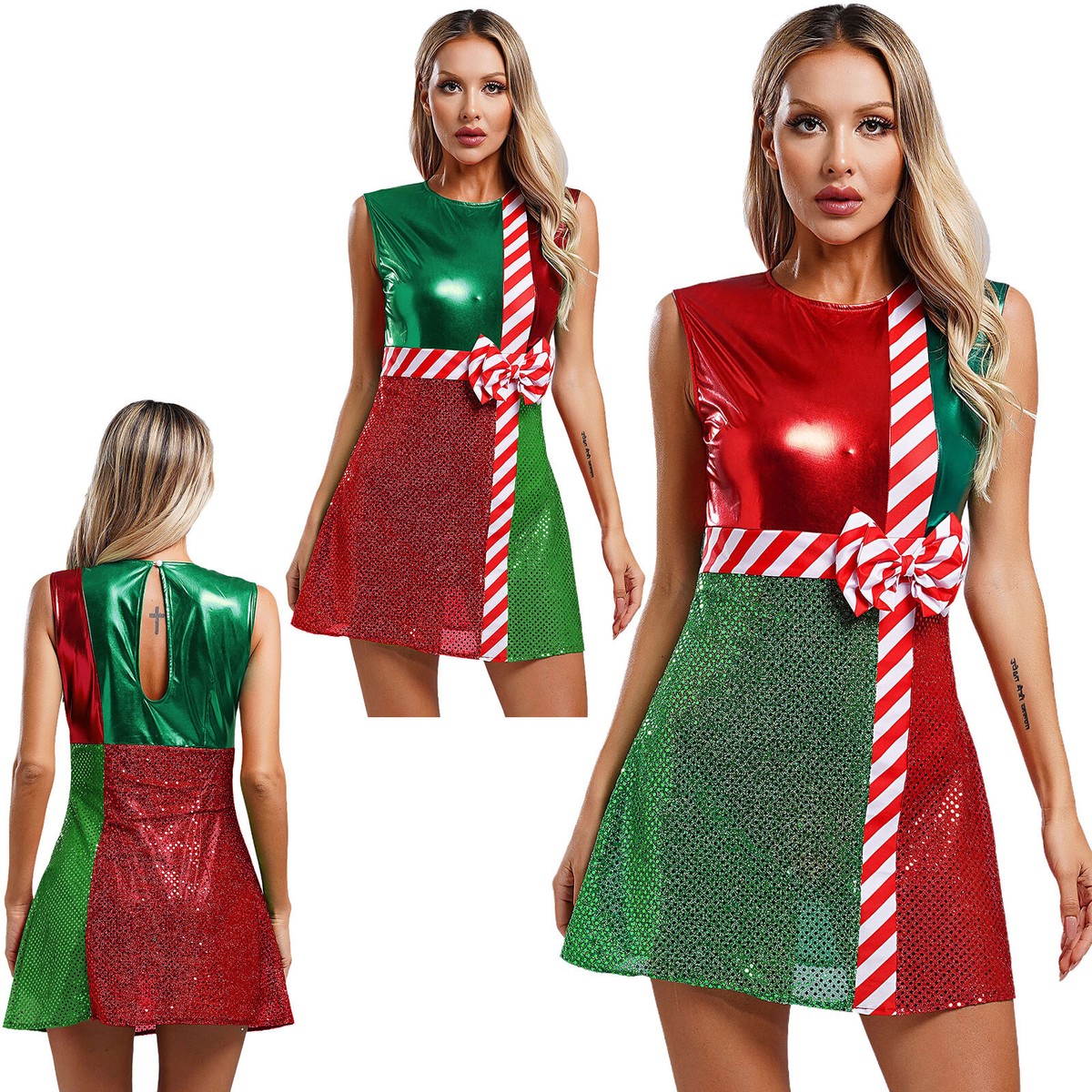 Womens Christmas Party Dress Gift Mrs Santa Claus Striped Costume Candy Xmas