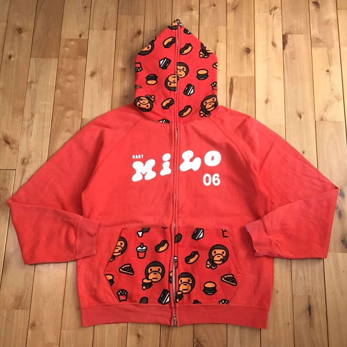 BAPE Milo full zip hoodie a bathing ape NIGO Red burger pizza Size M