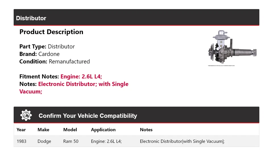 Dodge Ram 50 1983 2,6 L L4 distribuidor cardone Foto 2 de 4