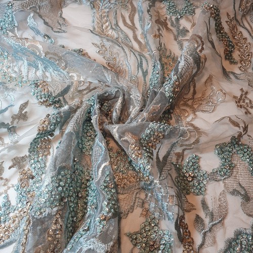 Hand Embroidery Novelty Mesh Net Material Floral Pearl Dress Craft Fabric 58" - Picture 19 of 29