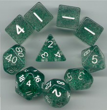 RPG Dice 10pc - Glitter Green - 1  D4 D8 D10 D12 D20 D00-10  4 D6