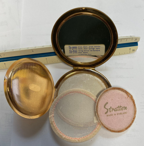 VINTAGE STRATTON COMPACT GOLD TONE MARBLED GREEN W135 - Afbeelding 5 van 5