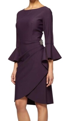 Alex Evenings Womens Short Slimming Sheath Dress 14 Bell Sleeves Burgundy