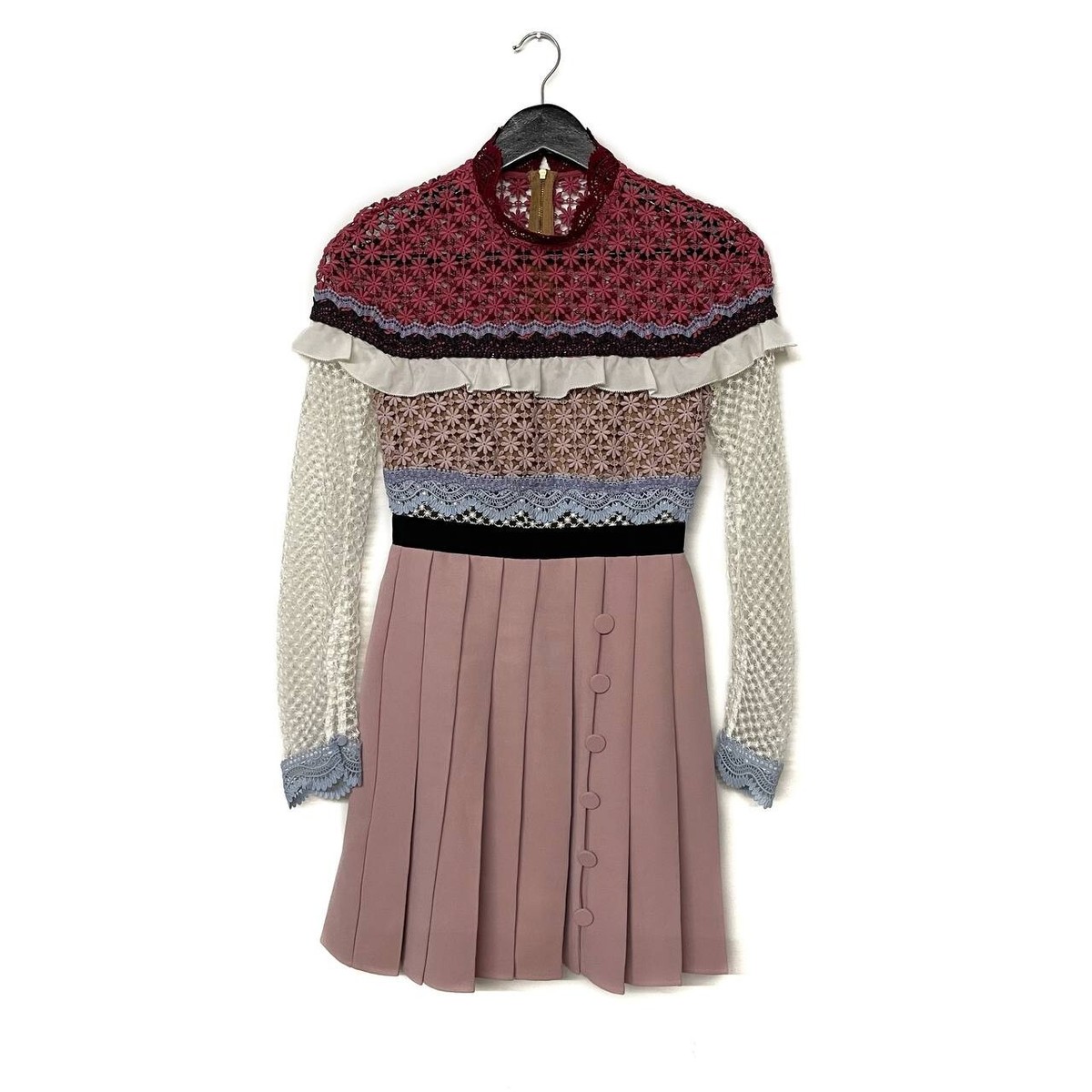 Self-Portrait Bellis Lace Trim Sheer Sleeves Pleated Mini Dress UK 6 US 2  Pink | eBay