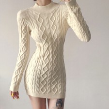 Women Round Neck Long Sleeves Sexy Knitted Bodycon Backless Sweater Party Dress