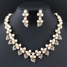 Gold/Silver Faux Pearl Crystal Flower Leaf Necklace Earrings Bridal Jewelry Set