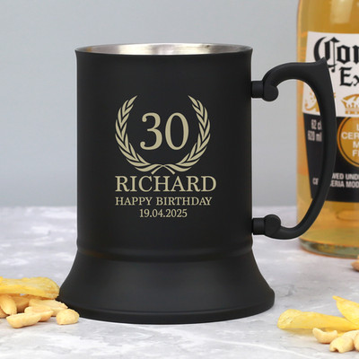 Personalisierter 30. Happy Birthday Wappen schwarz Edelstahl Krug Geschenk Pint