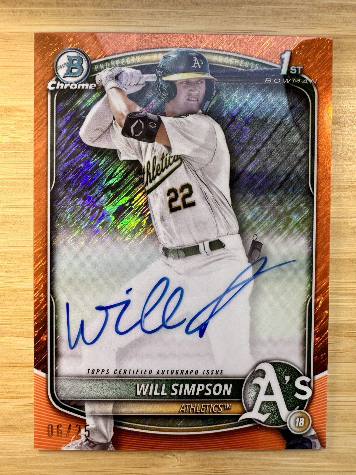 2025 Bowman Chrome Will Simpson 1st Auto Orange Shimmer Refractor /25