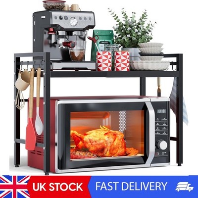 Erweiterbares Mikrowellenregal, 2 Ebenen Mikrowellenständer mit 8 Haken, Air Fryer Regal