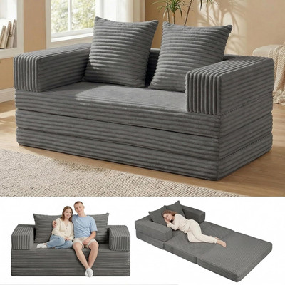4-in-1 Convertible Sofa Bed with Removable Armrests - Grey Corduroy Futon