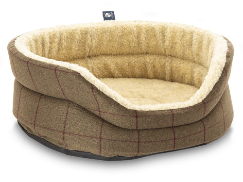 Snug Fleece Lined High Sided Oval Dog Bed 5 Sizes- Classic Check: Brown-Burgundy