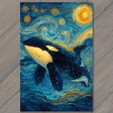 Art Print Surreal Killer Whale Swimming Night Sky Stars Ocean Swirl Blue Yellow