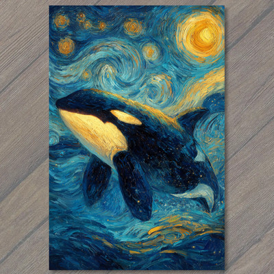 STICKER Surreal Killer Whale Swimming Night Sky Stars Ocean Swirl Blue Yellow