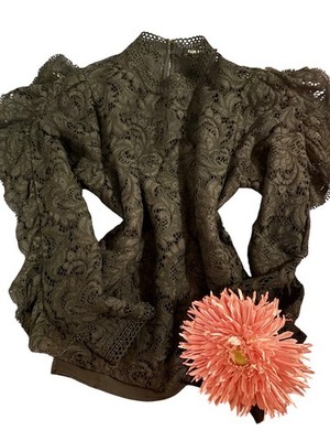 Express Black Lace Mock Neck Ruffle Sleeve Top Womens M