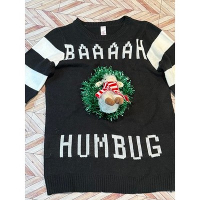 No Boundaries Kids Black BAAAH HUMBUG Ugly Christmas Sweater Large L 11 13