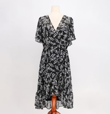 CALVIN KLEIN Flutter Sleeve Ditsy Floral Faux Wrap High Low Chiffon Dress Size 8