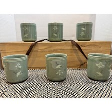 VTG Celadon Tea Cup Set of 6 Crane Cloud Crackle Glaze Yunomi with Wood Box