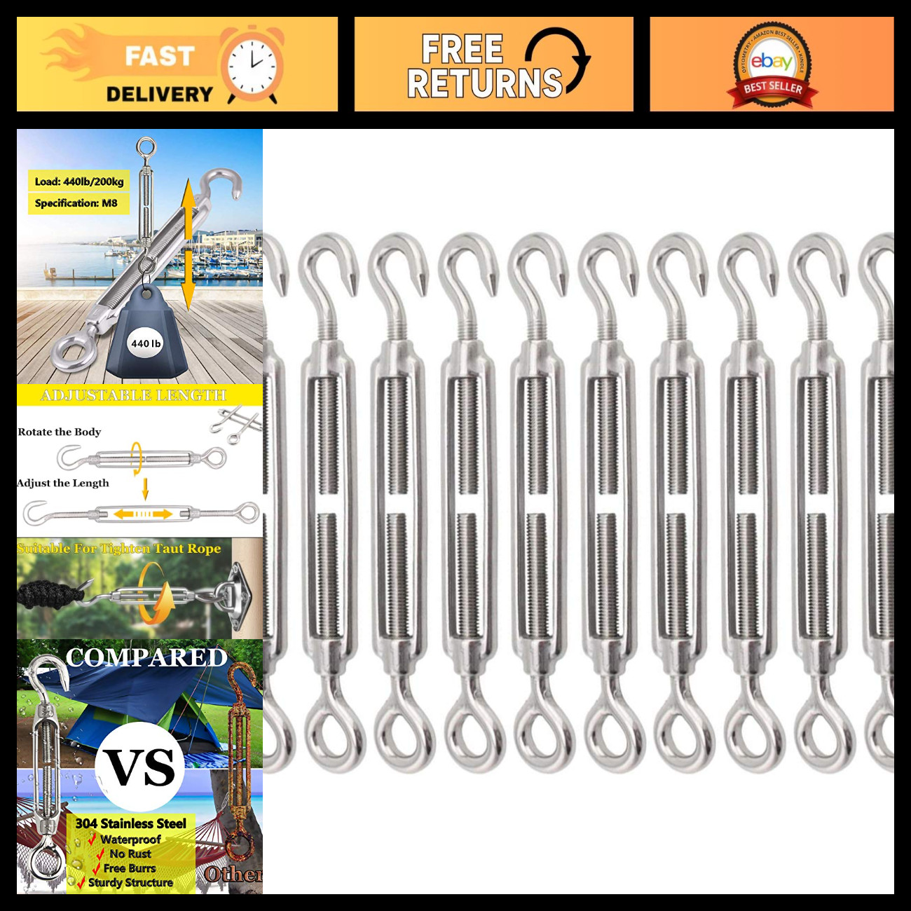 10PCS Heavy Duty Stainless Steel Turnbuckle Hook & Eye Tensioner for Shade Sail,
