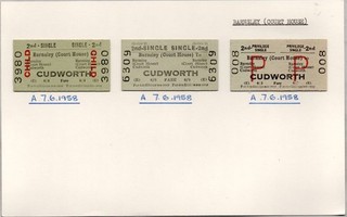BARNSLEY COURT HOUSE to CUDWORTH: 3 railway tickets issued 1958