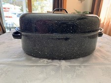 Vintage Black Speckled Enamelware Turkey Roaster w/ Lid USA Made Lg Oval Unused