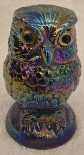 VINTAGE FENTON IRIDESCENT CARNIVAL GLASS OWL FIGURE PAPERWEIGHT