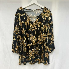 Joie De Vivre floral Blouse Women’s 2X black & gold W/ gold chain Leaves Stretch