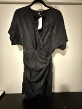 Black Satin Coverup Robe Pullover With Tie At Waist Short Midi Size Medium