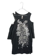 Tredy Damen Top Gr. 38 Schwarz Grafik Print Cut-Out Nieten Freizeit