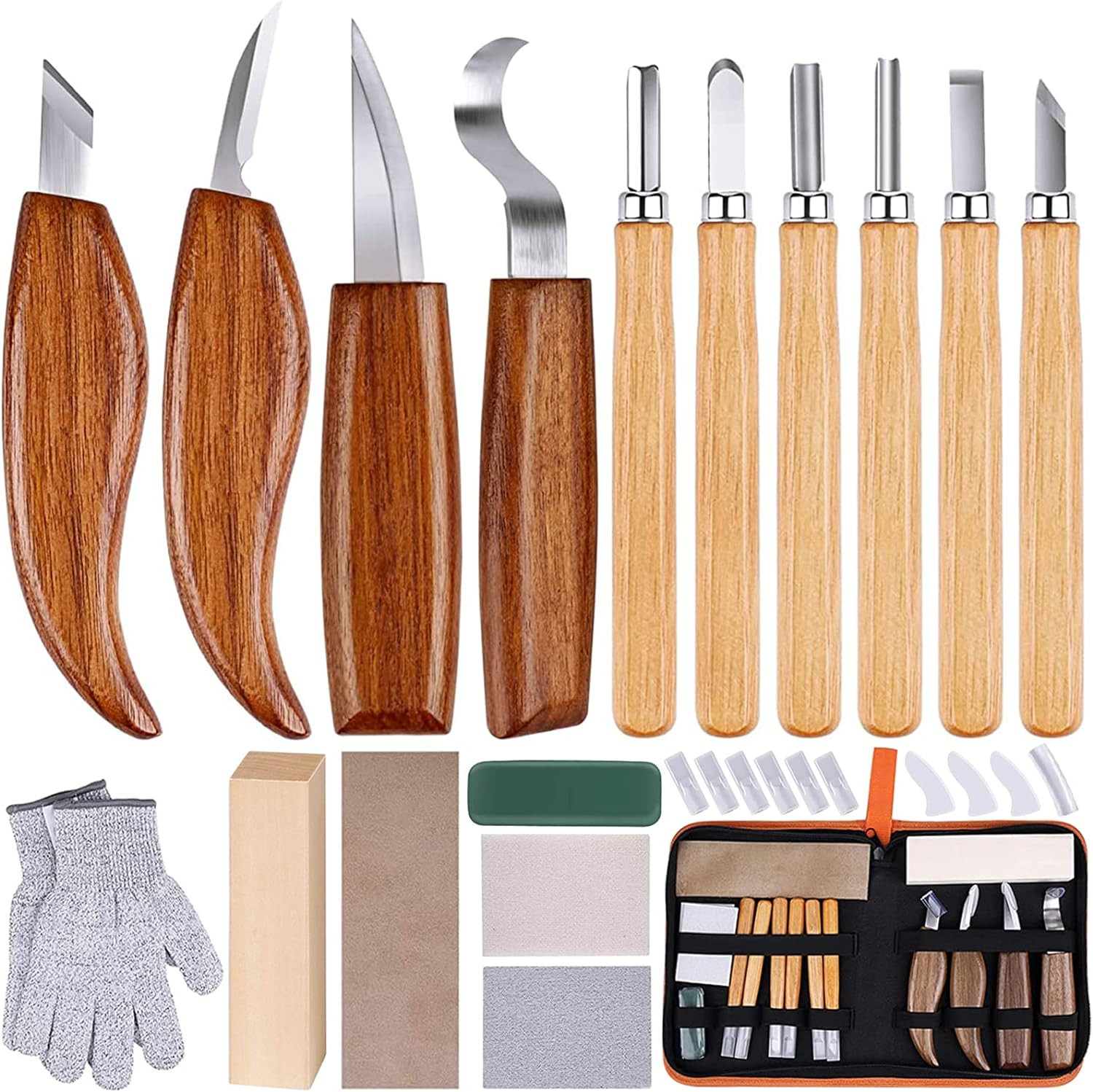 26-Piece Wood Carving Kit with Knives, Chisels, Gloves, and Sharpener